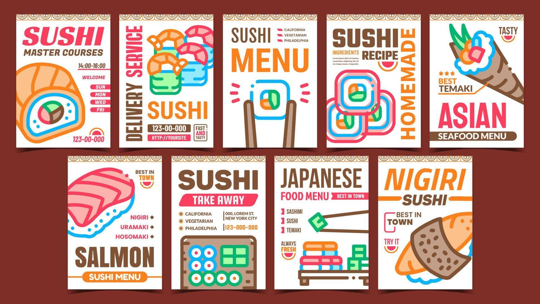 sushi roll nourriture affiches promotionnelles set vector