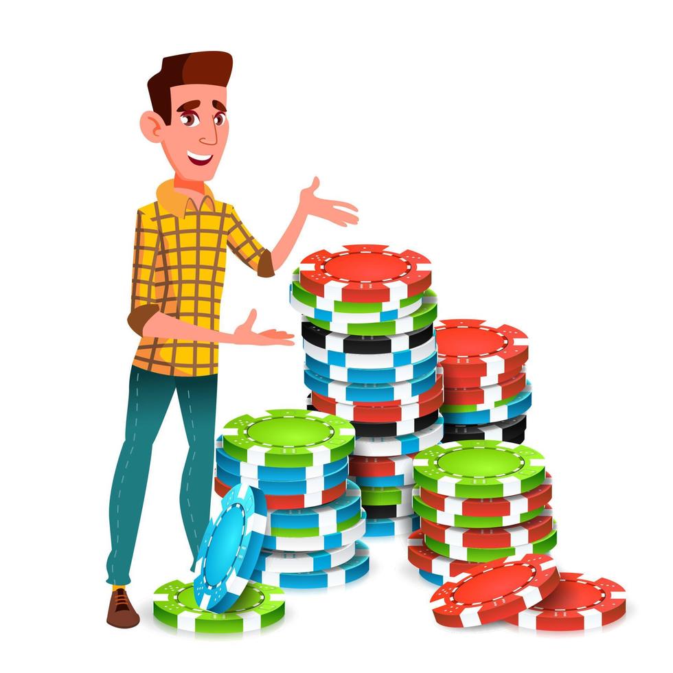 jeune joueur avec une énorme pile de vecteur de jetons de poker. illustration isolée