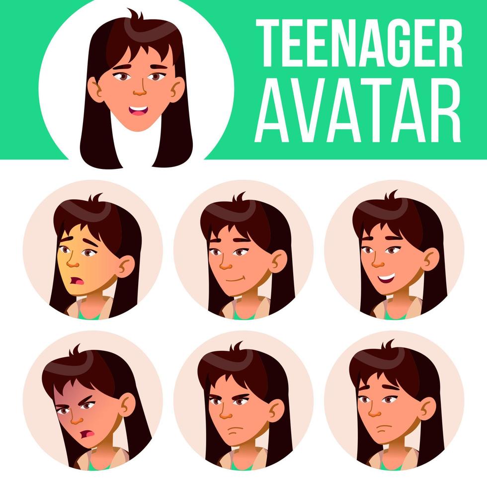 vecteur de jeu d'avatar d'adolescente asiatique. affronter les émotions. du visage, les gens. actif, joie. illustration de tête de dessin animé