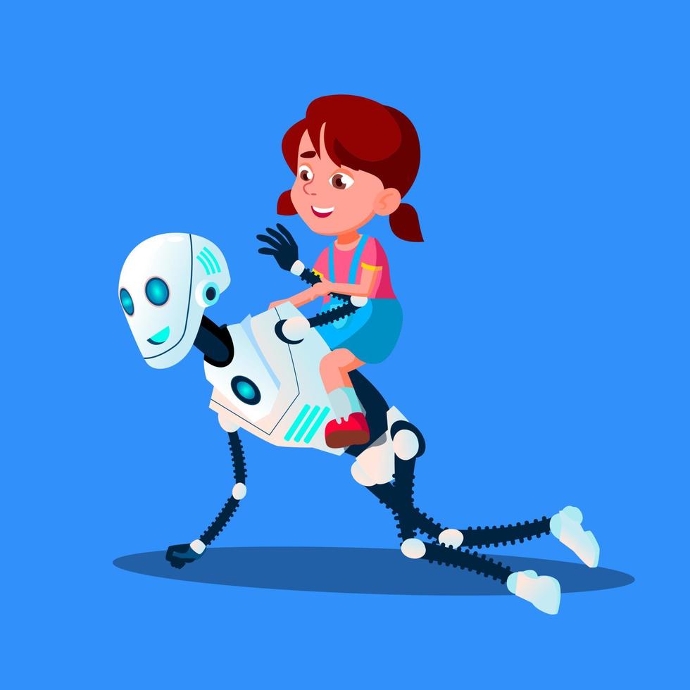 robot jouant avec une petite fille assise sur son dos vecteur. illustration isolée vecteur