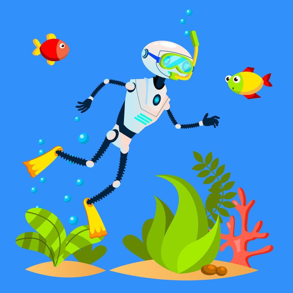 touriste robot nageant parmi les poissons avec vecteur de masque de plongée. illustration isolée