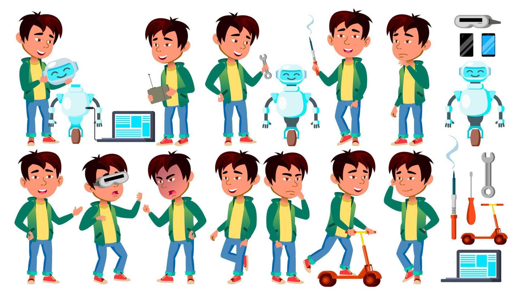 enfant garçon asiatique pose set vector. construire un robot assistant. enfant de l'école primaire. pour la présentation, l'invitation, la conception de cartes. illustration de dessin animé isolé vecteur