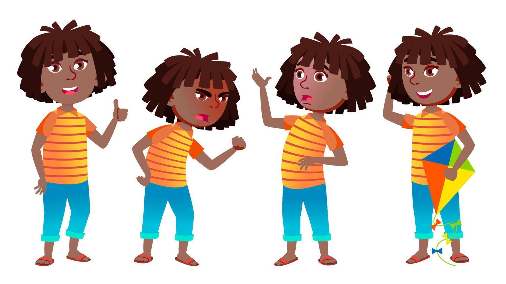 fille écolière kid pose set vector. noir. afro américain. enfant du secondaire. éducation secondaire. jeune, mignon, comique. pour la présentation, l'impression, la conception d'invitations. illustration de dessin animé isolé vecteur