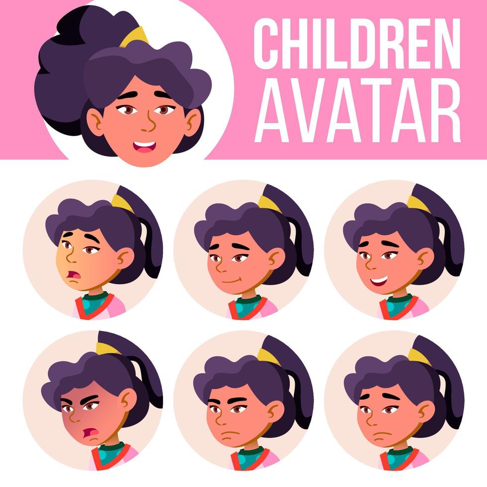 avatar de fille asiatique défini vecteur d'enfant. école primaire. affronter les émotions. plat, portrait. jeunesse, caucasien. conception colorée. illustration de tête de dessin animé