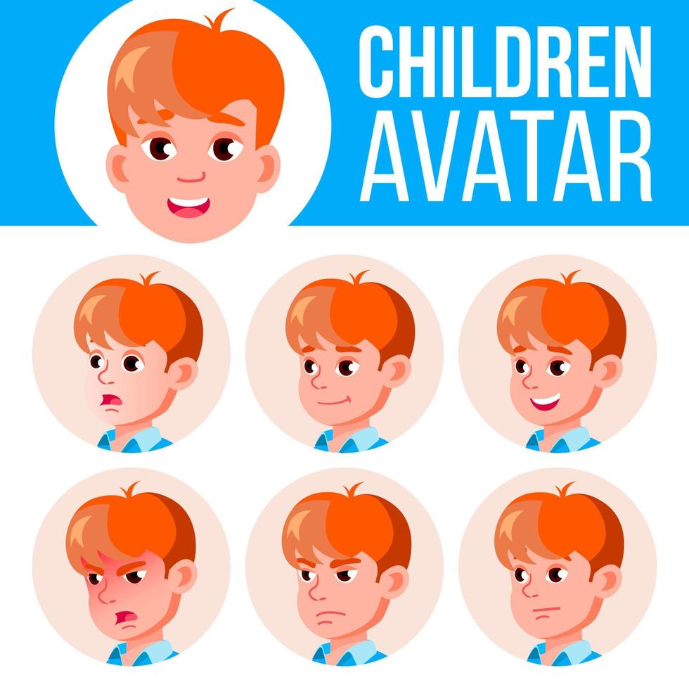 garçon avatar set vecteur enfant. école primaire. affronter les émotions. utilisateur, personnage. enfants, positif. bande dessinée, web. illustration de tête de dessin animé