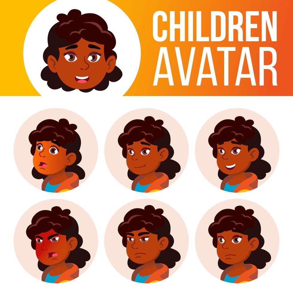 avatar fille indienne set vecteur enfant. école primaire. hindou. asiatique. affronter les émotions. plat, portrait. actif, joie. affiche, clipart. illustration de tête de dessin animé