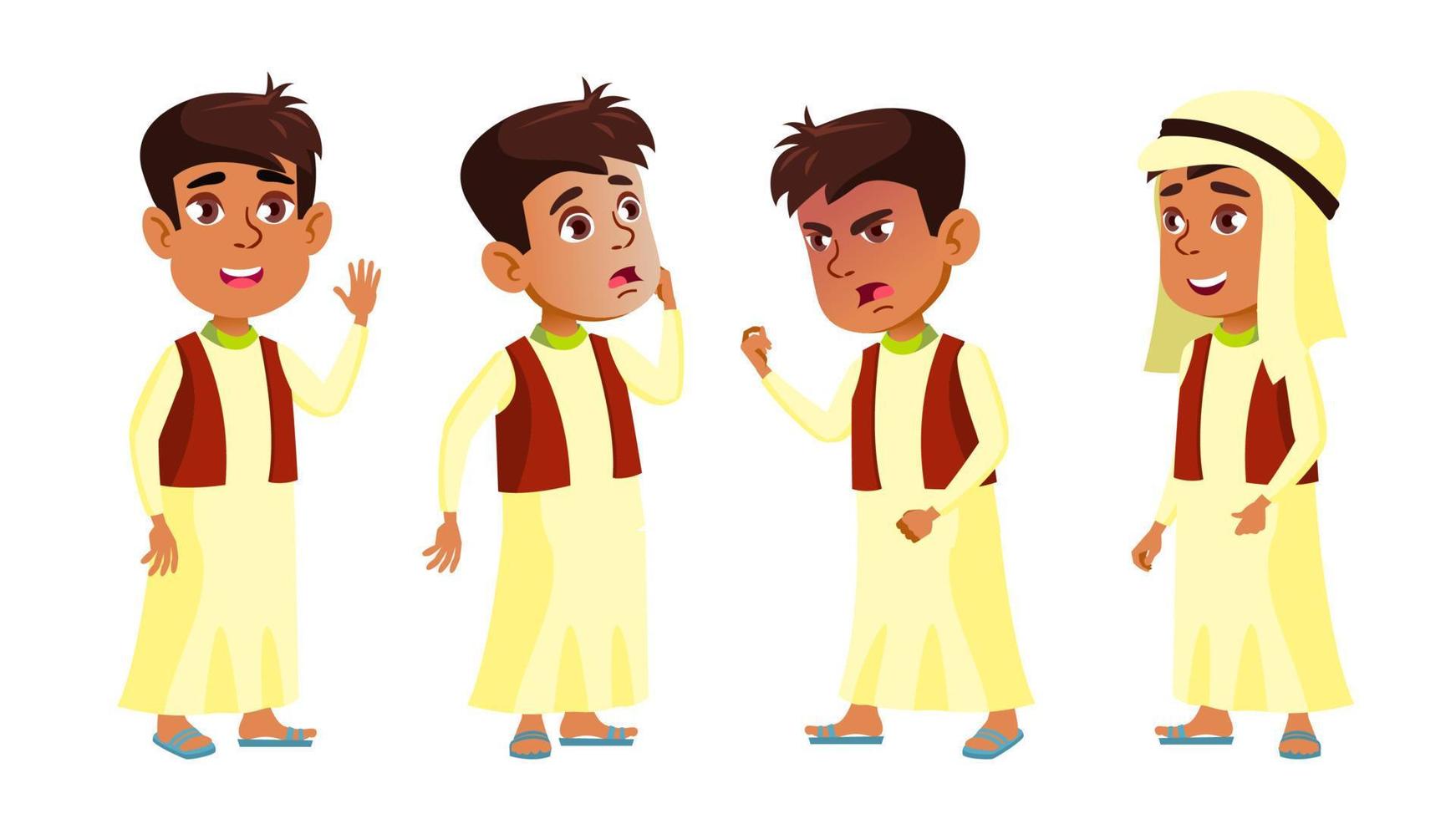 arabe, musulman garçon écolier kid pose set vector. enfant de l'école primaire. petit enfant. Visage. pour carte postale, couverture, conception de pancarte. illustration de dessin animé isolé vecteur