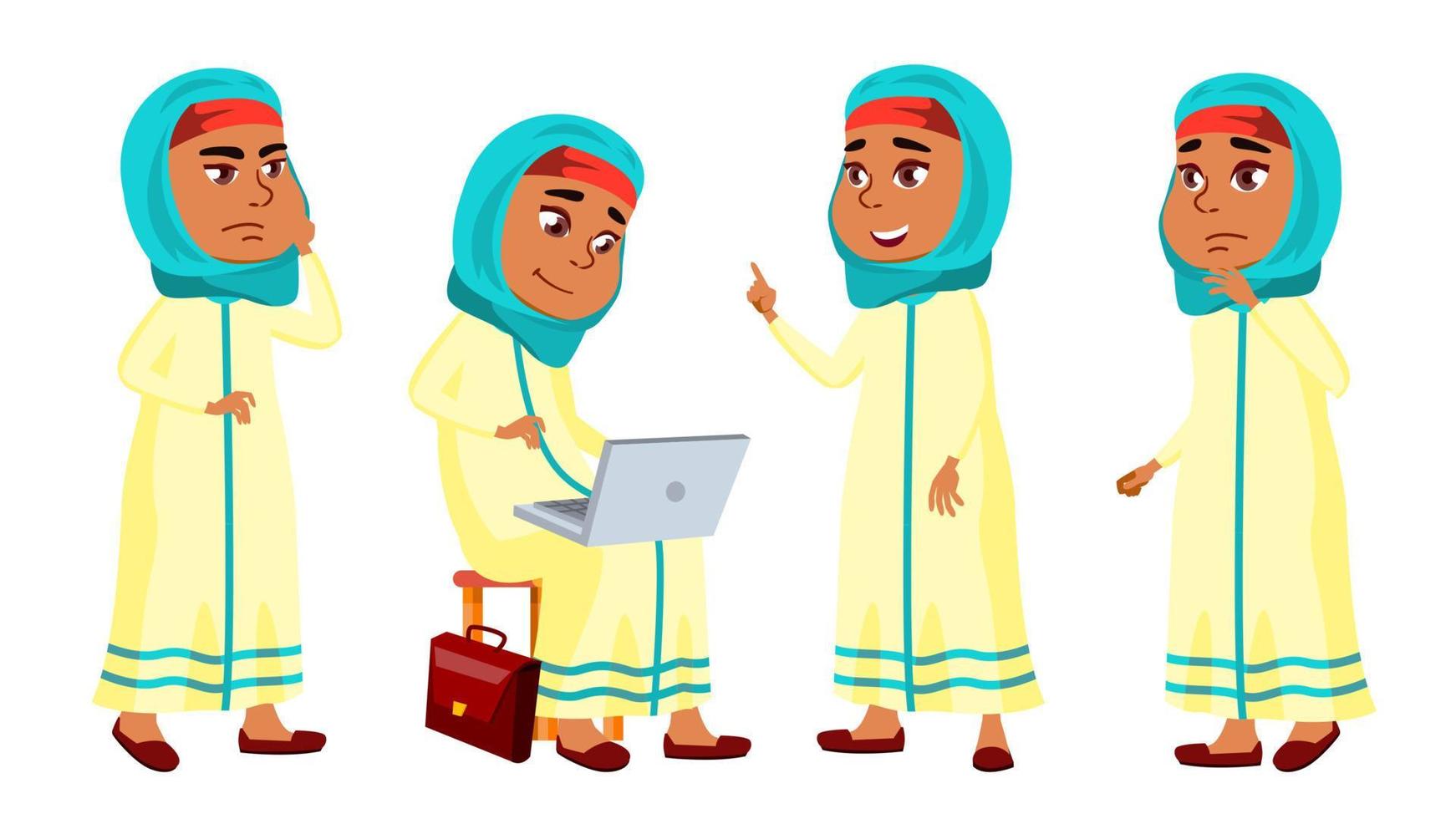 arabe, musulman girl kid pose set vector. enfant de l'école primaire. étudiant. l'obtention du diplôme. pour la bannière, le dépliant, la conception de sites Web. illustration de dessin animé isolé vecteur