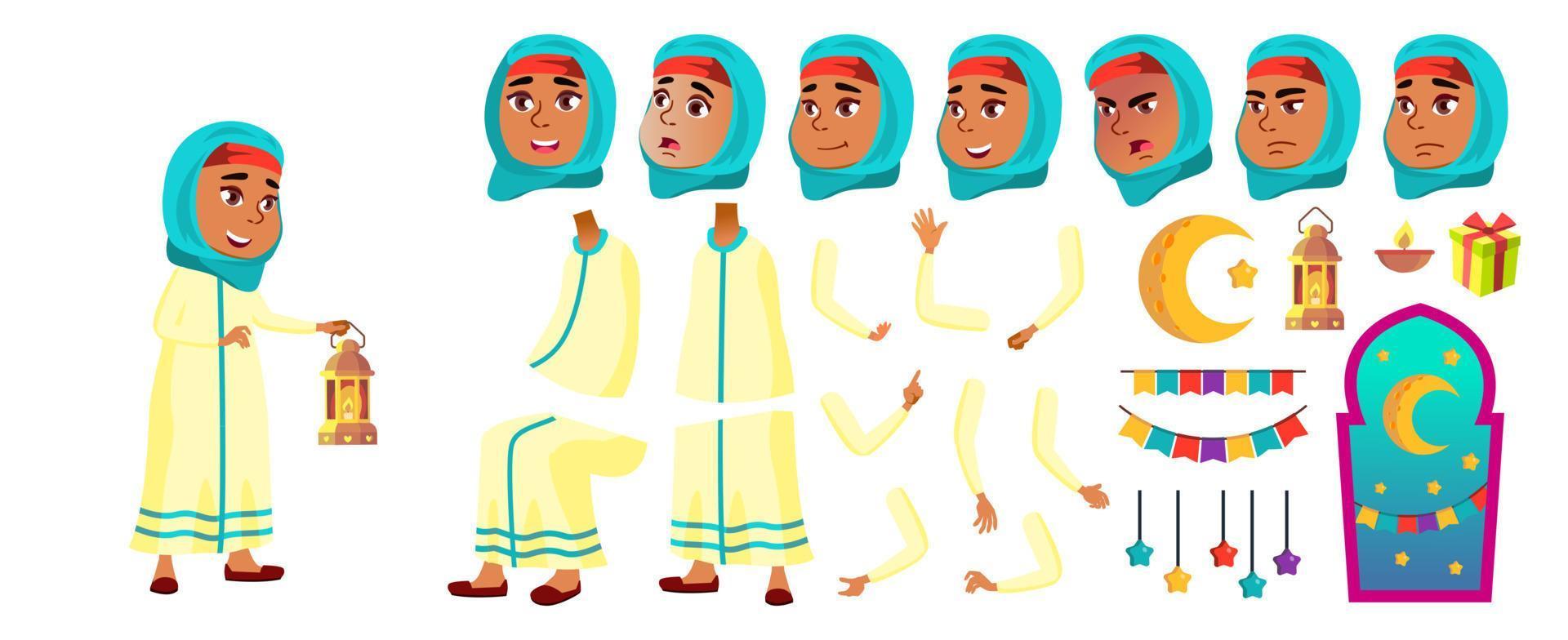 vecteur d'enfant fille arabe, musulmane. enfant de l'école primaire. ensemble de création d'animations. célébrer le ramadan kareem. gestes. pour la publicité, les salutations, la conception d'annonces. Animé. illustration isolée