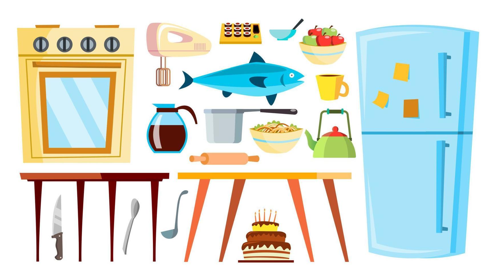 vecteur d'articles de cuisine. réfrigérateur, table, nourriture, vaisselle, objets. illustration de dessin animé isolé