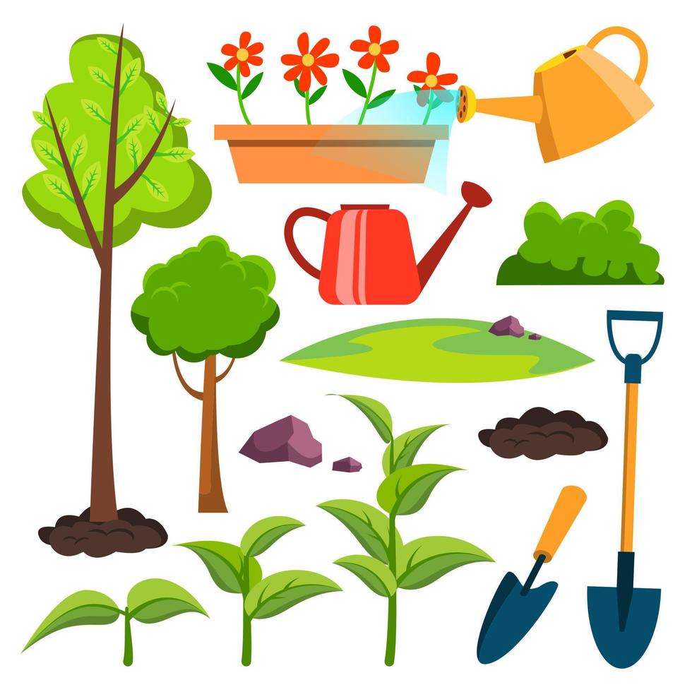 vecteur d'icônes de jardin. arrosoir, pelle, jeune arbre, plante, arrosage des fleurs. illustration de dessin animé plat isolé