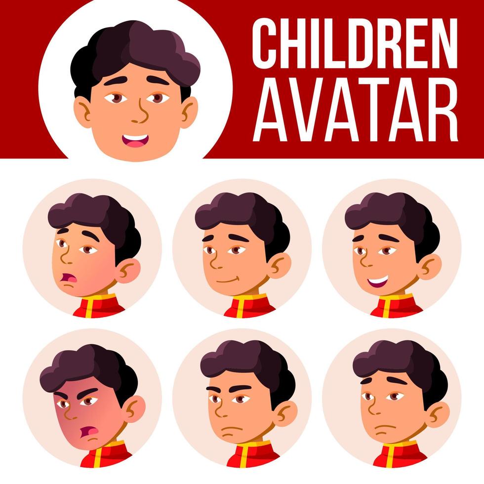 avatar de garçon asiatique défini vecteur d'enfant. Jardin d'enfants. affronter les émotions. émotionnel, facial, les gens. enfantin, maternelle. mise en page, publicité. illustration de tête de dessin animé