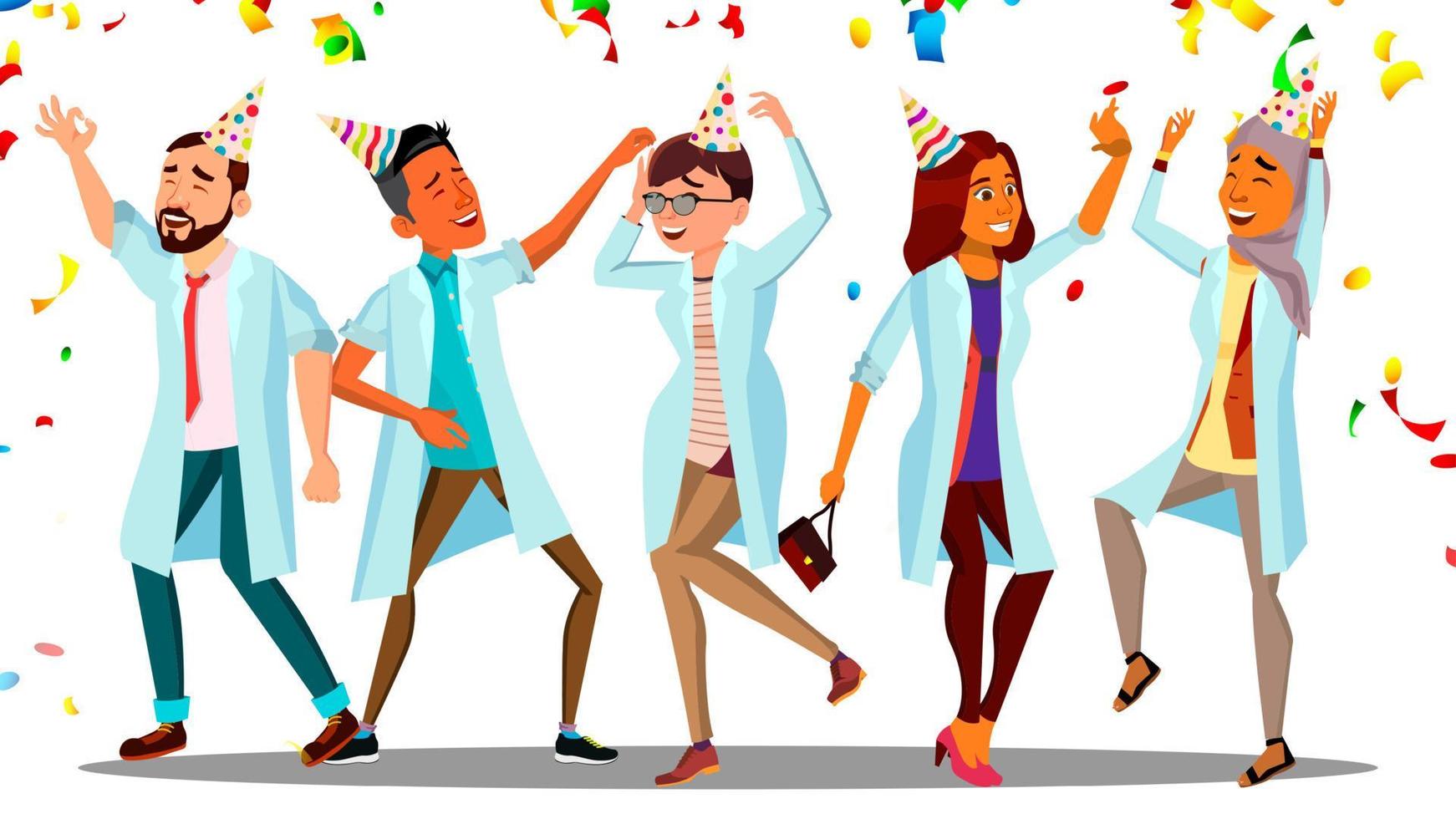 médecin dansant le jour du médecin, groupe de médecins heureux en casquettes festives et vecteur de confettis. illustration de dessin animé isolé