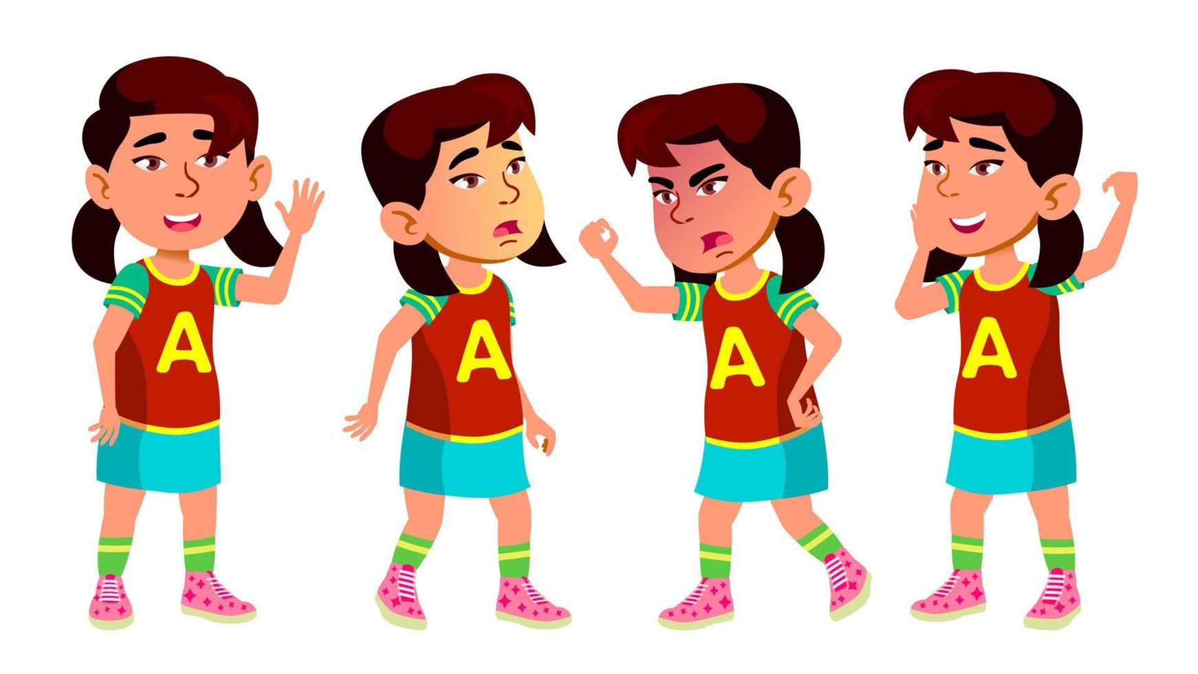 asian girl maternelle enfant pose set vector. expression de bébé. enfant d'âge préscolaire. vie. pour la carte postale, l'annonce, la conception de la couverture. illustration de dessin animé isolé vecteur