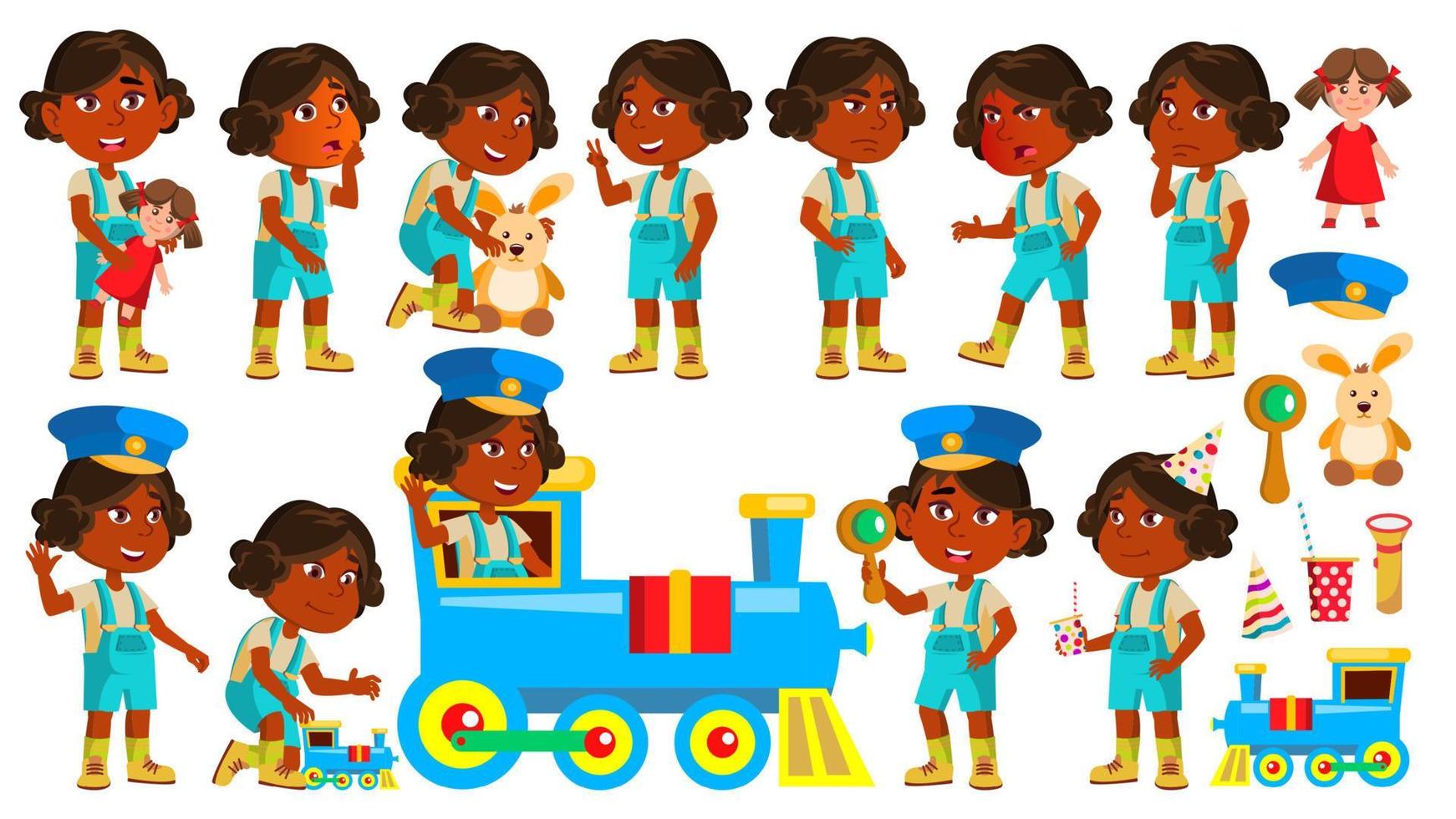 indien fille maternelle kid pose set vector. hindou. jouer avec le train de chemin de fer. l'expression de l'enfant. activité. pour la bannière, le dépliant, la conception de sites Web. illustration de dessin animé isolé vecteur