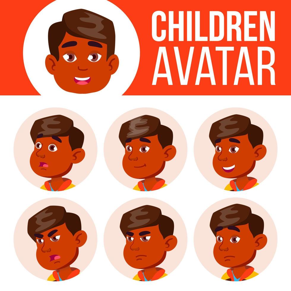 avatar de garçon indien défini vecteur d'enfant. Jardin d'enfants. affronter les émotions. portrait, utilisateur, enfant. junior, préscolaire, kiddy. pancarte, présentation. illustration de tête de dessin animé