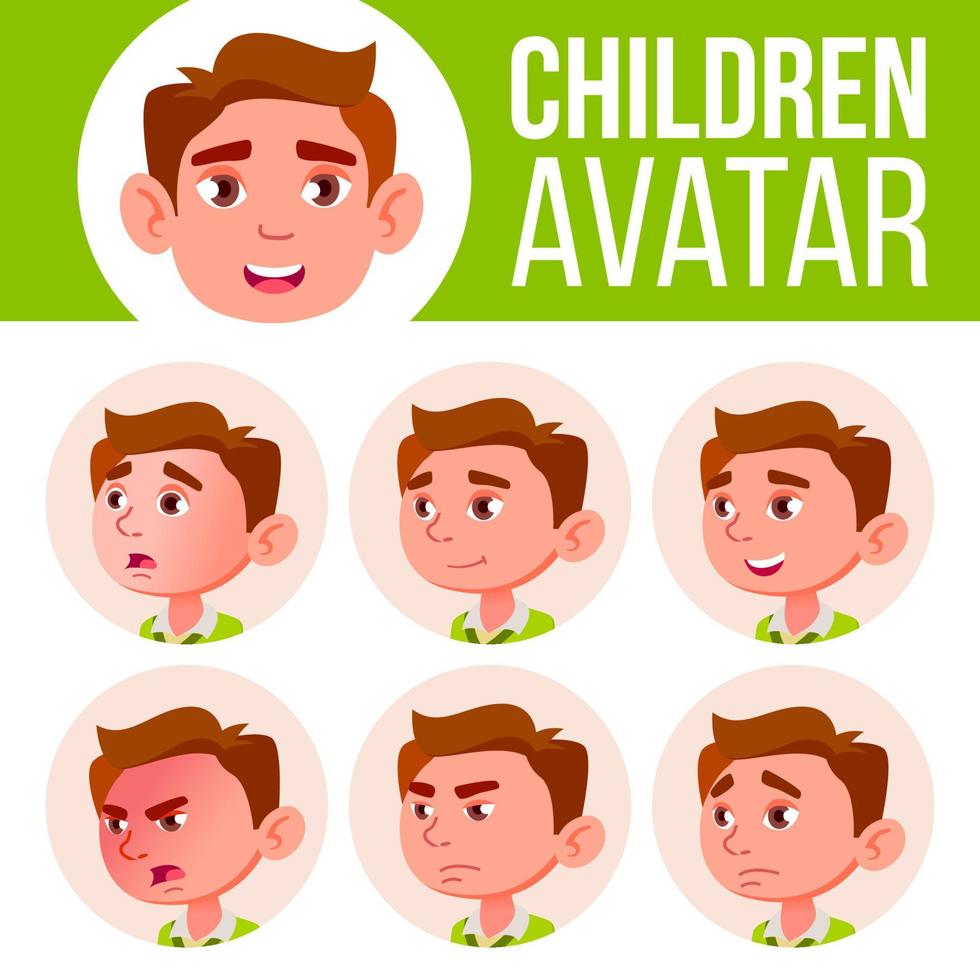 garçon avatar set vecteur enfant. école primaire. affronter les émotions. expression, personne positive. pancarte, présentation. illustration de tête de dessin animé