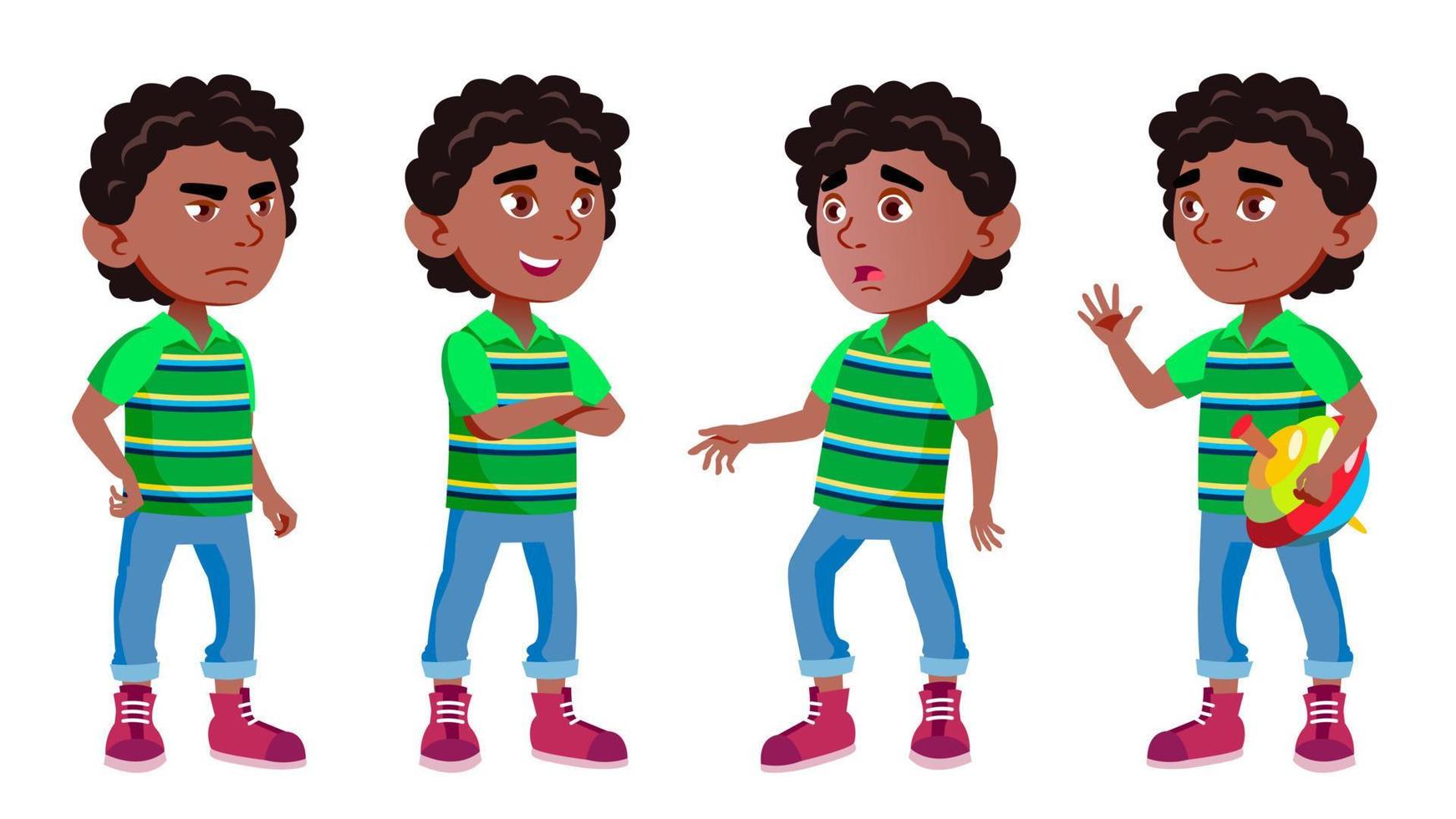 noir, afro-américain garçon maternelle kid pose set vector. préscolaire, enfance. ami. pour la couverture, la conception de pancartes. illustration de dessin animé isolé vecteur