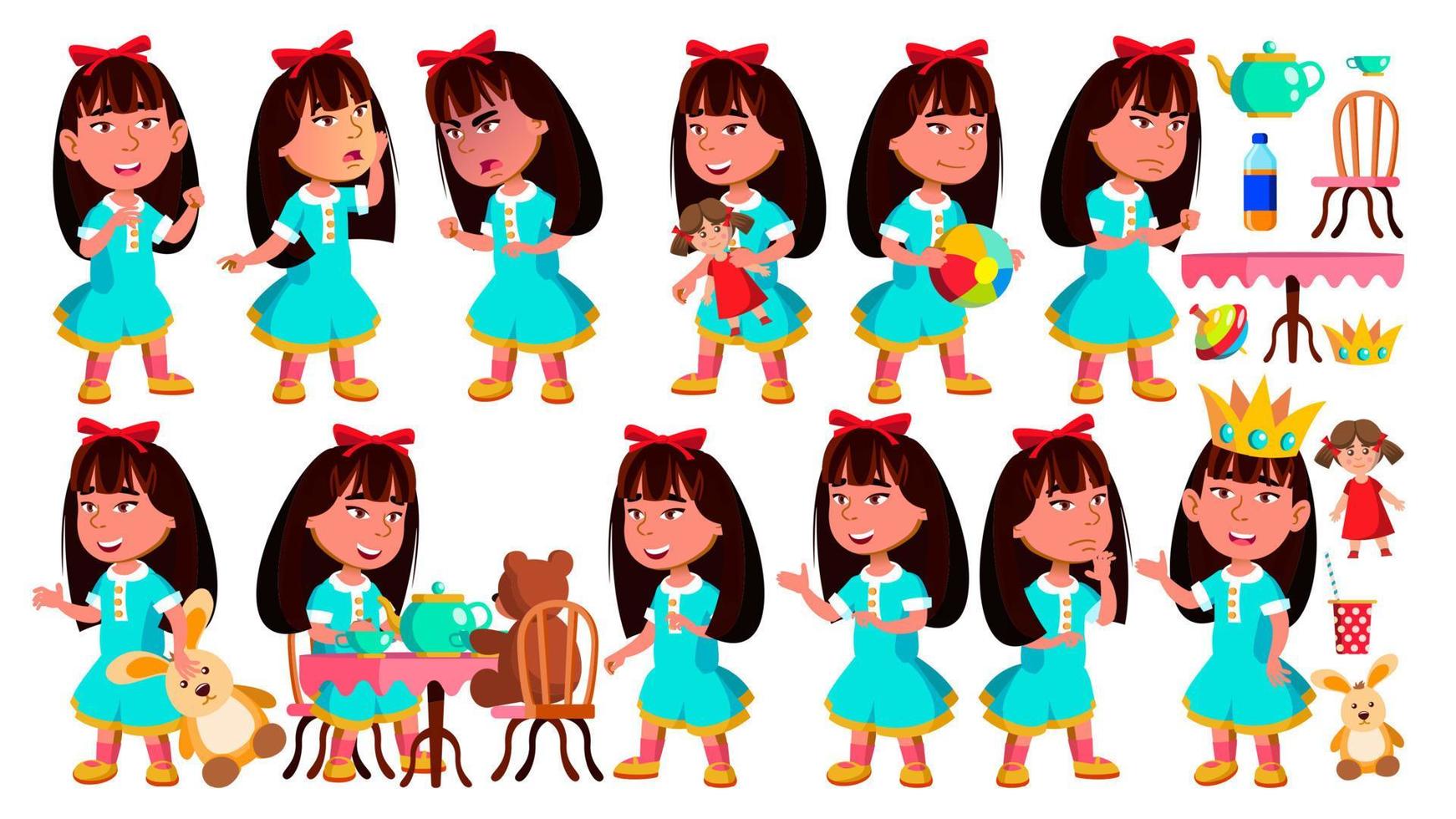 asian girl maternelle enfant pose set vector. expression de bébé. enfant d'âge préscolaire. pour carte, publicité, conception de voeux. illustration de dessin animé isolé vecteur