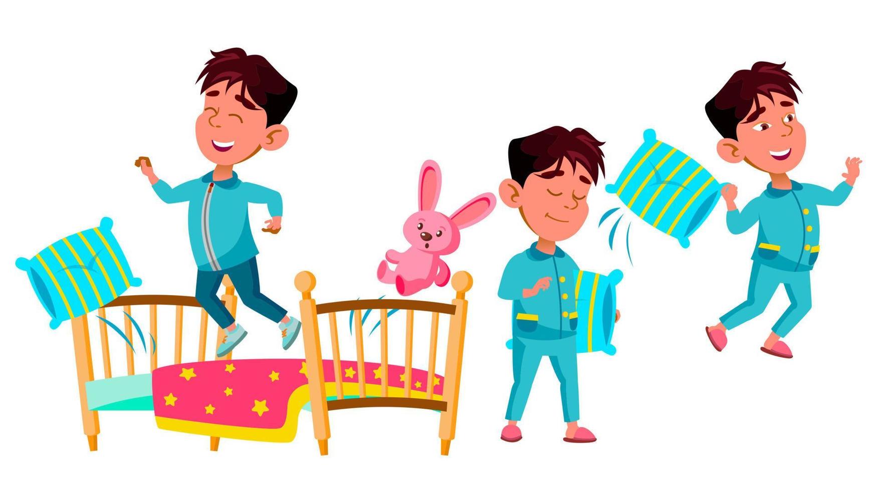 enfant de maternelle garçon asiatique pose set vector. préscolaire. dormir, chambre. oreiller, jouet. jeune personne positive. beauté. pour la conception de bannières, dépliants, brochures. illustration de dessin animé isolé vecteur