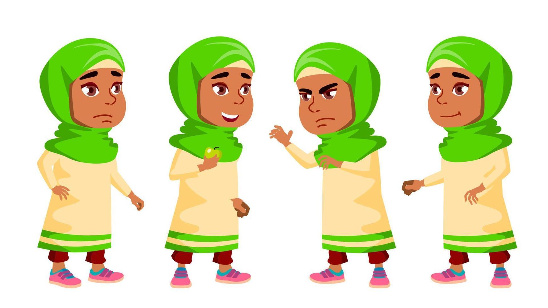 arabe, musulman fille maternelle kid pose set vector. petits enfants sympathiques. mignon, comique. pour le web, la brochure, la conception d'affiches. illustration de dessin animé isolé vecteur