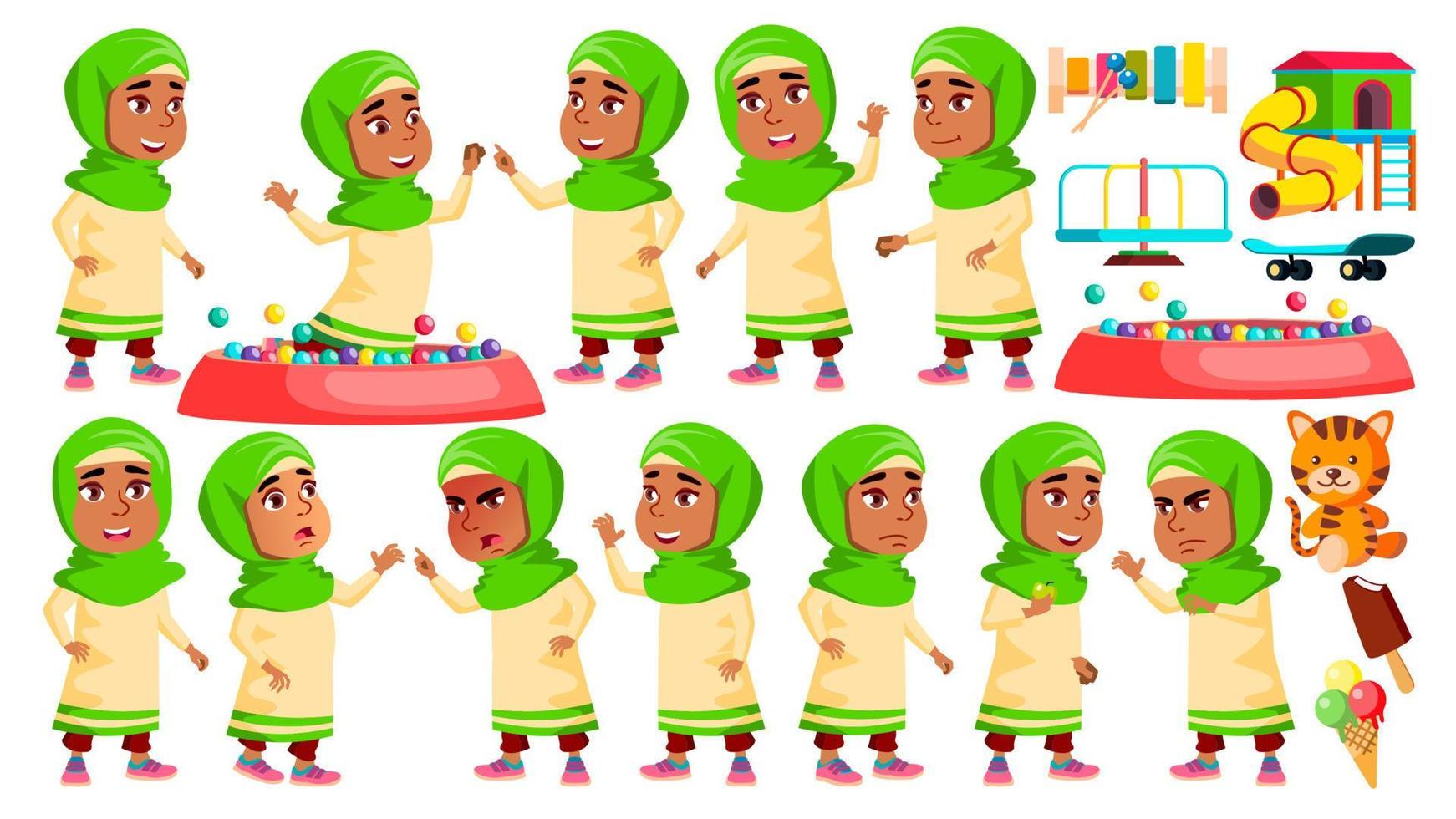 arabe, musulman fille maternelle kid pose set vector. expression de l'enfant caucasien. activité. pour la bannière, le dépliant, la conception de sites Web. illustration de dessin animé isolé vecteur