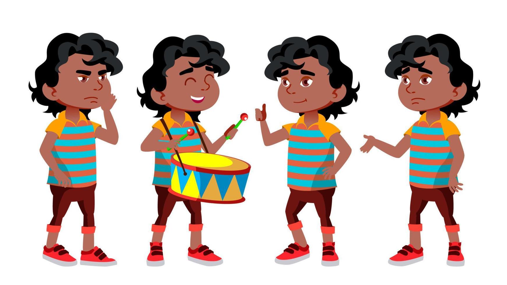 noir, afro-américain garçon maternelle kid pose set vector. personnage jouant. puéril. vêtements décontractés. pour la présentation, l'impression, la conception d'invitations. illustration de dessin animé isolé vecteur