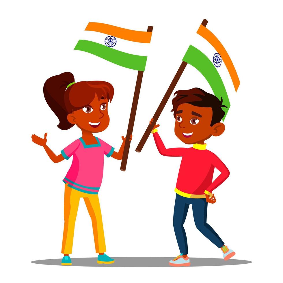 enfants indiens heureux agitant des drapeaux de l'inde sur le vecteur de la fête de l'indépendance. illustration isolée