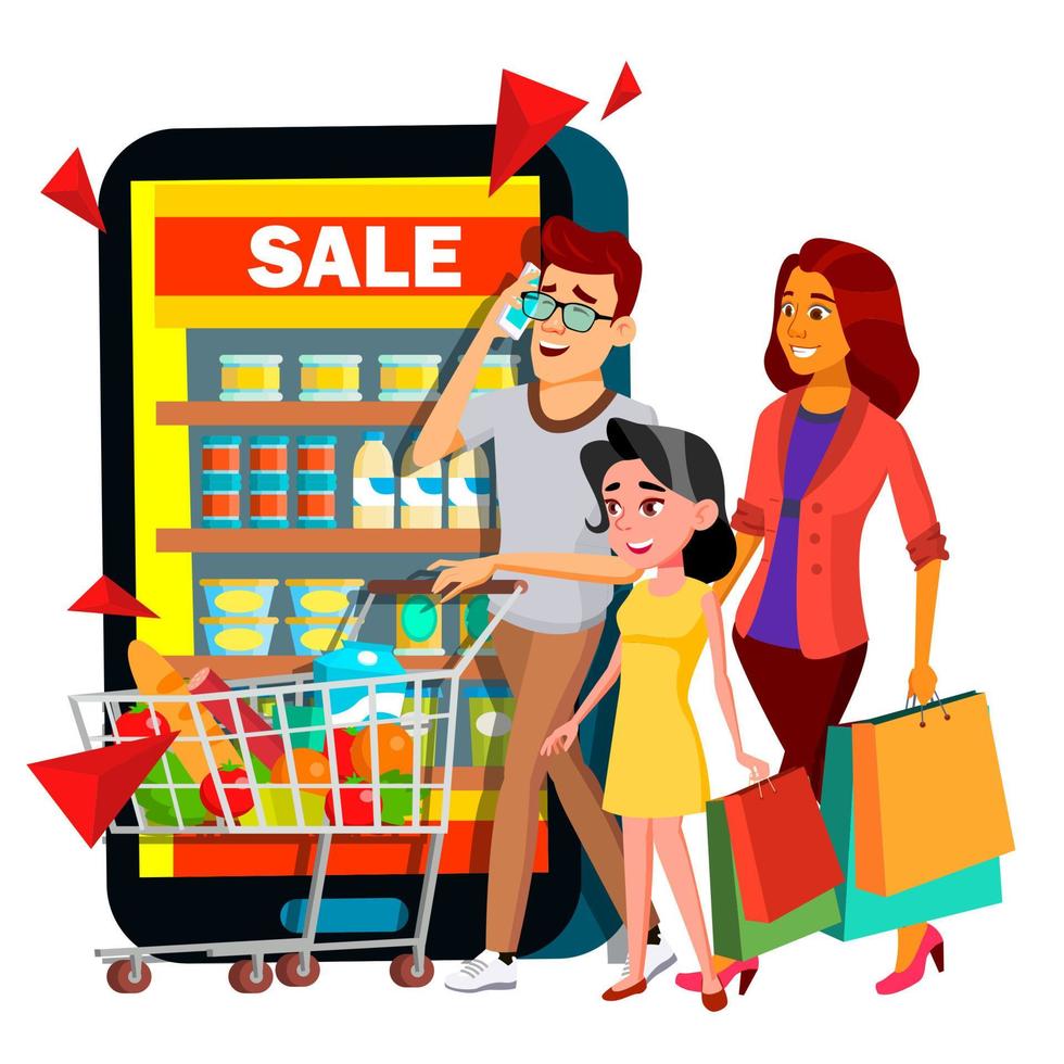 vecteur de magasinage en ligne. mère, père, enfant avec tableau d'achats dans la boutique en ligne de la famille mobile. illustration