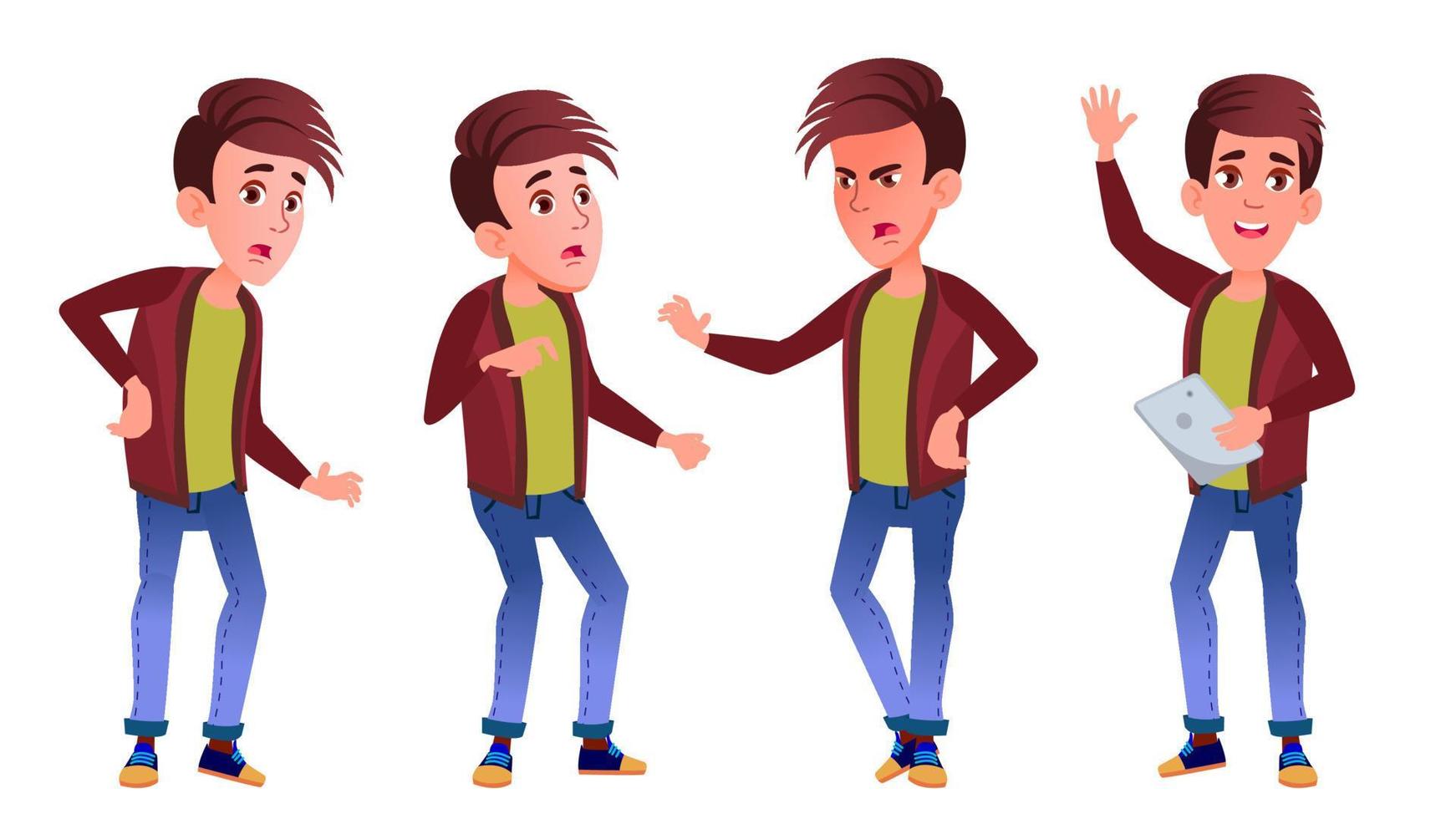 garçon écolier kid pose set vector. enfant du secondaire. camarade de classe. adolescent, salle de classe, chambre. pour la publicité, la brochure, la conception de pancartes. illustration de dessin animé isolé vecteur