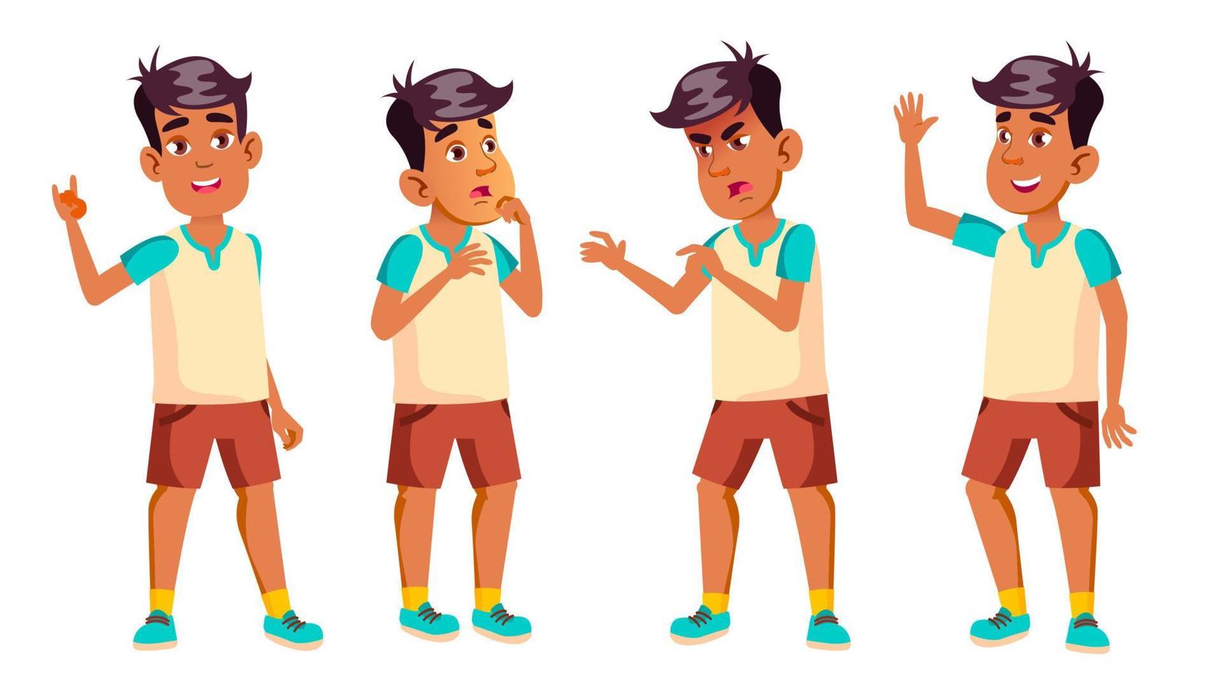 arabe, musulman garçon écolier kid pose set vector. enfant du secondaire. éducation secondaire. conférence. pour carte, publicité, conception de voeux. illustration de dessin animé isolé vecteur