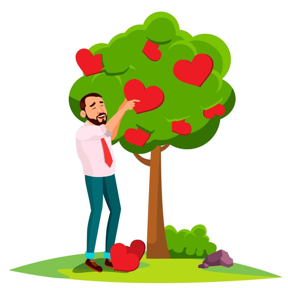 homme d'affaires debout près de l'arbre en fleurs avec le vecteur de coeurs. illustration