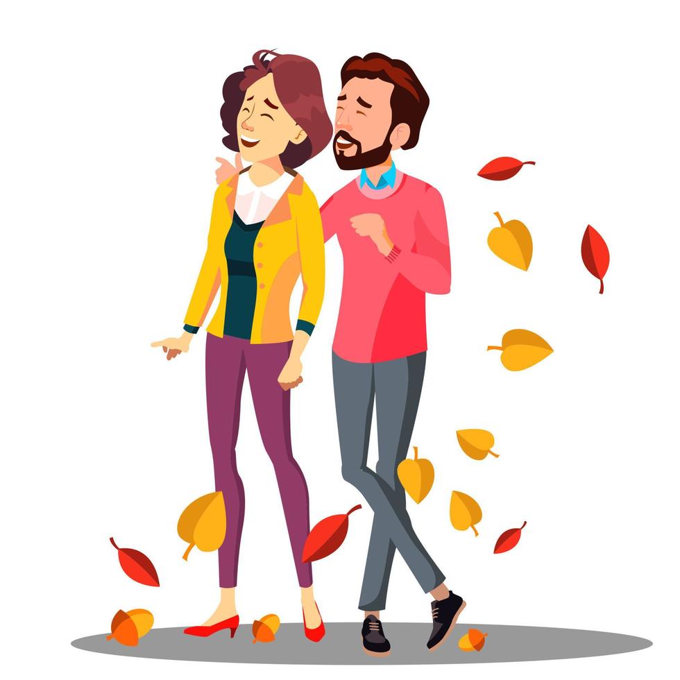 jeune couple amoureux marchant parmi le vecteur de feuilles d'automne tombant. illustration isolée