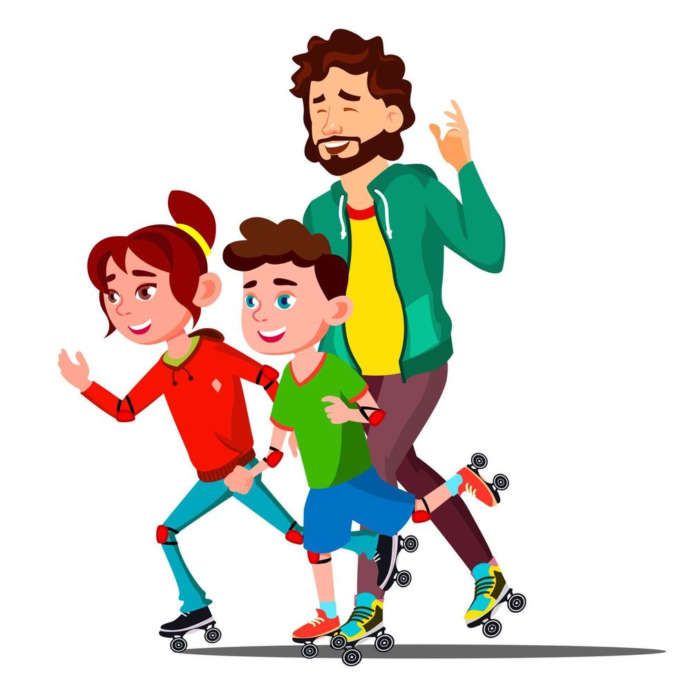 père et enfants patinant sur le vecteur de patins à roulettes. illustration isolée