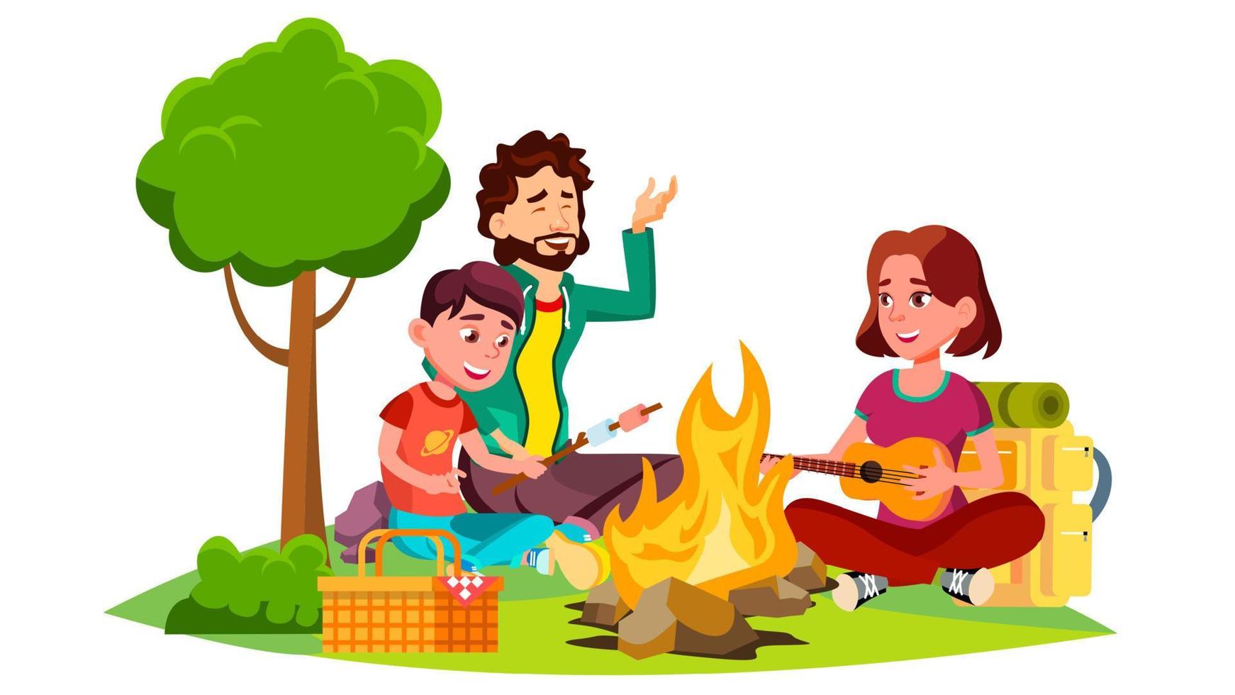 famille heureuse avec des enfants assis autour du vecteur de feu de camp. illustration isolée