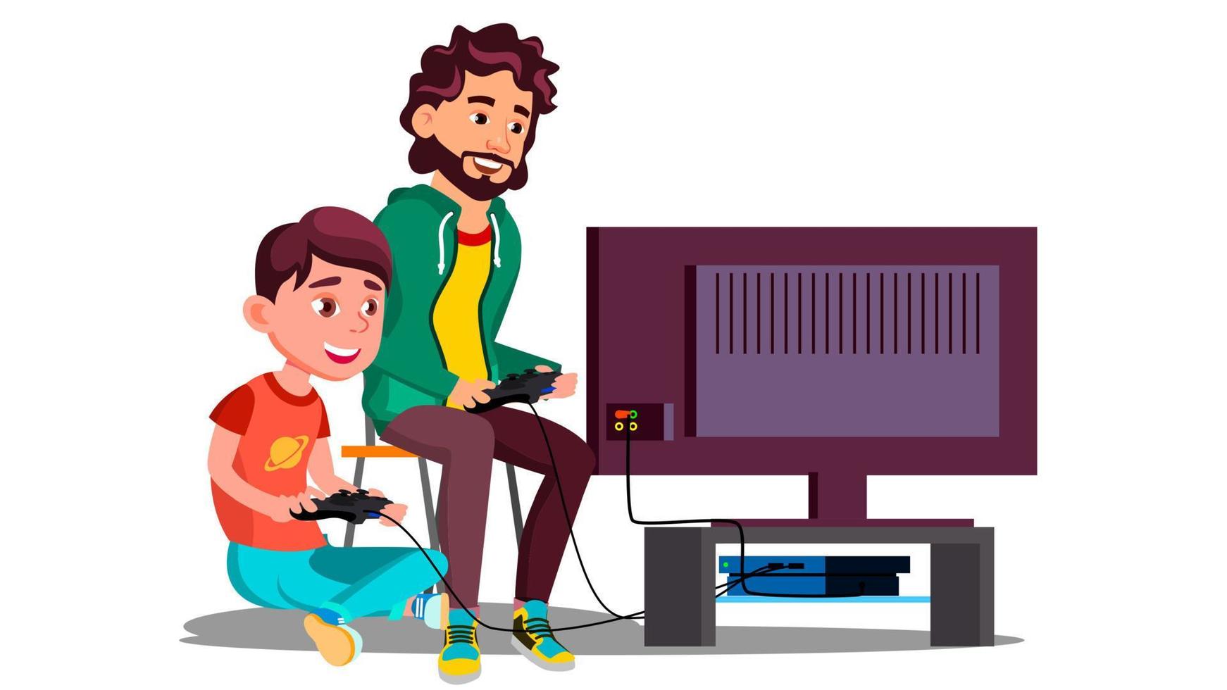 père et fils jouent à des jeux vidéo assis ensemble vecteur. illustration isolée vecteur