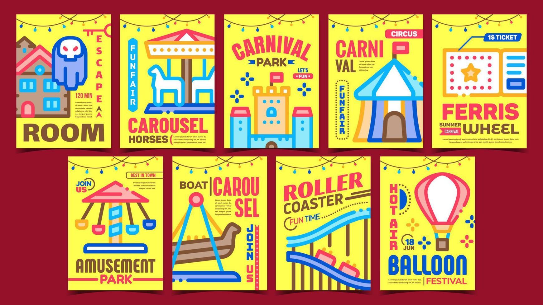 parc d'attractions affiches publicitaires set vector