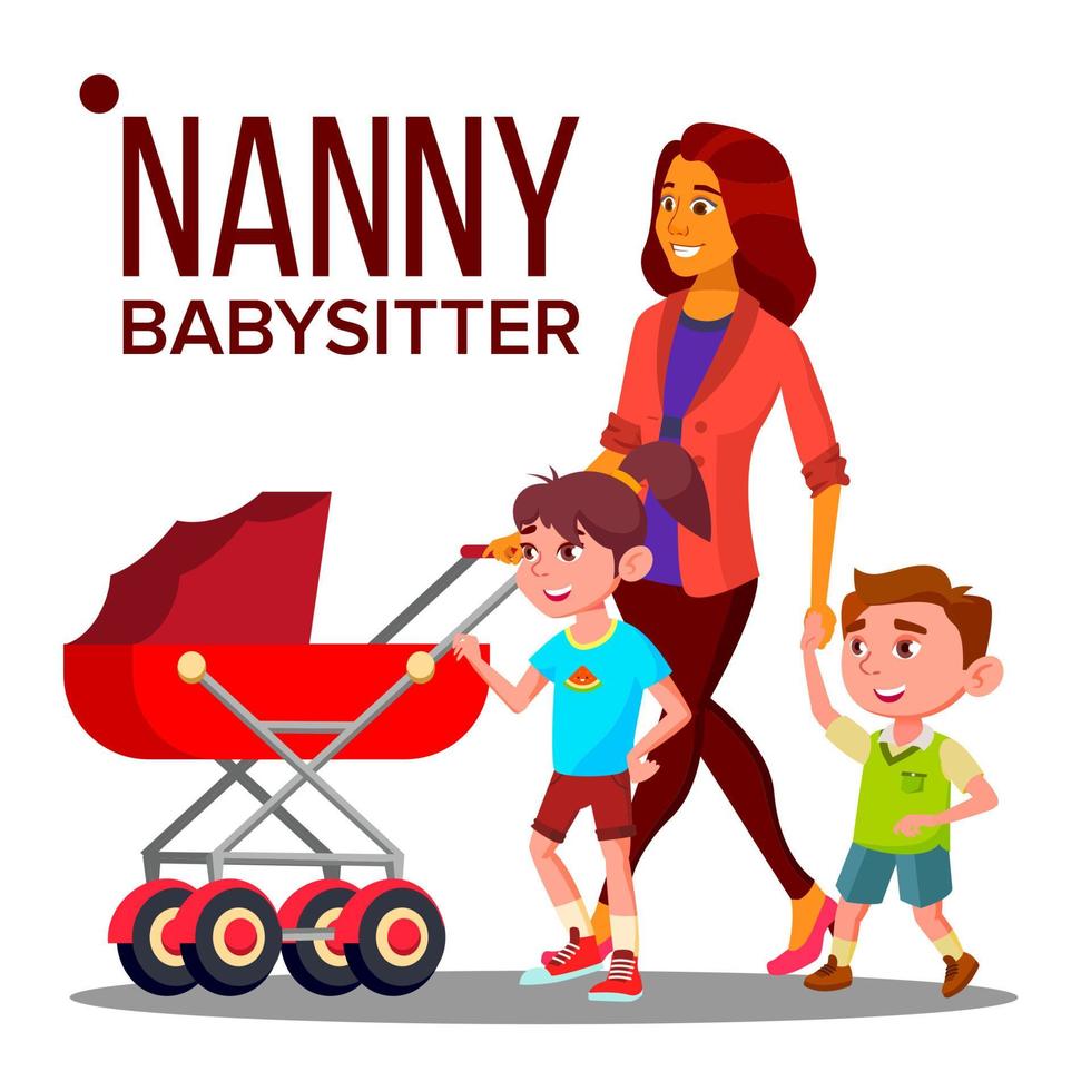 vecteur de femme nounou. baby-sitter nounou avec enfants. conception de la famille de soins. illustration