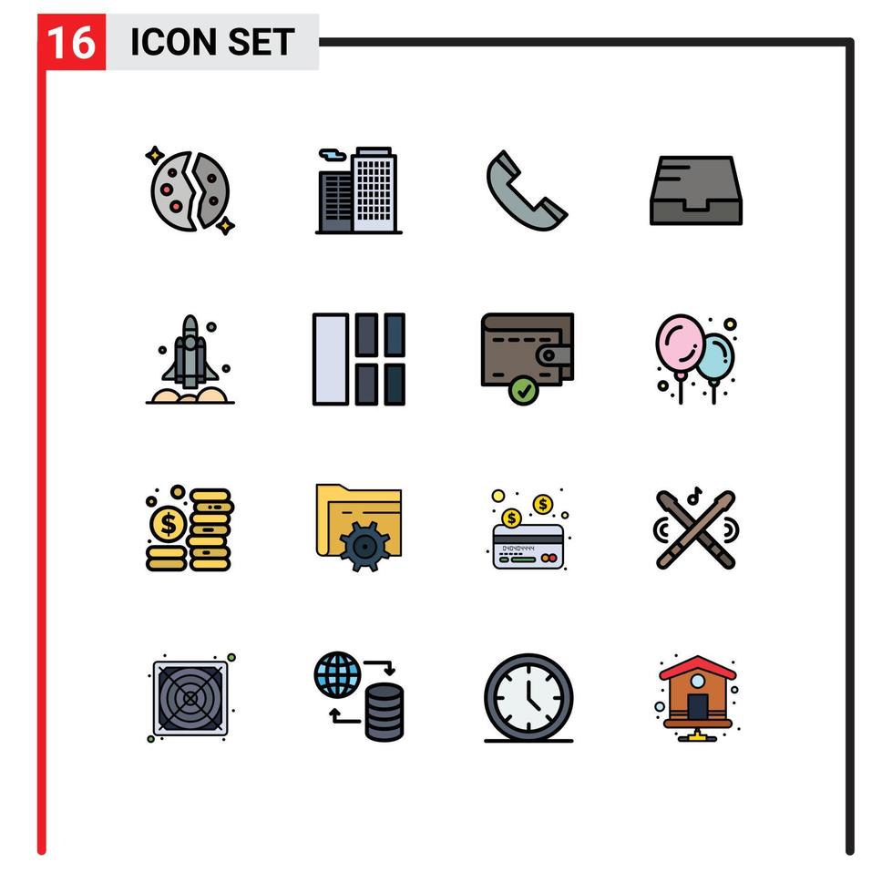 ensemble moderne de 16 lignes et symboles remplis de couleurs plates tels que le lanceur de vaisseau spatial appelez la boîte de réception des éléments de conception vectoriels créatifs modifiables vecteur