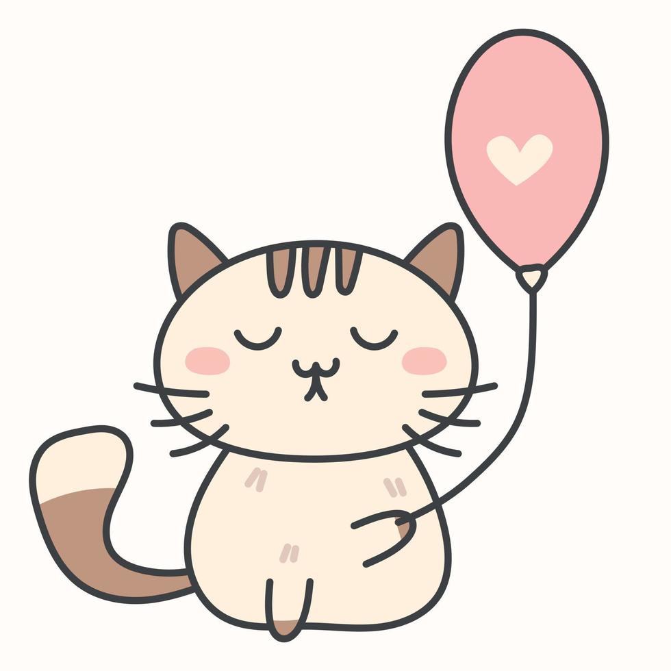 chat de dessin animé de vecteur mignon tenant un ballon avec un coeur.