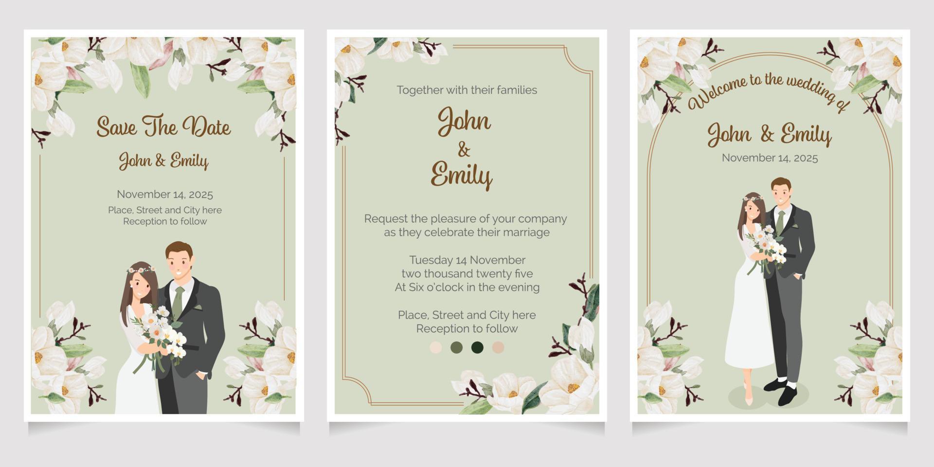 mignon jeune couple de mariage dans le thème vert sur aquarelle bouquet de fleurs de magnolia blanc collection de modèles de cartes d'invitation de mariage vecteur