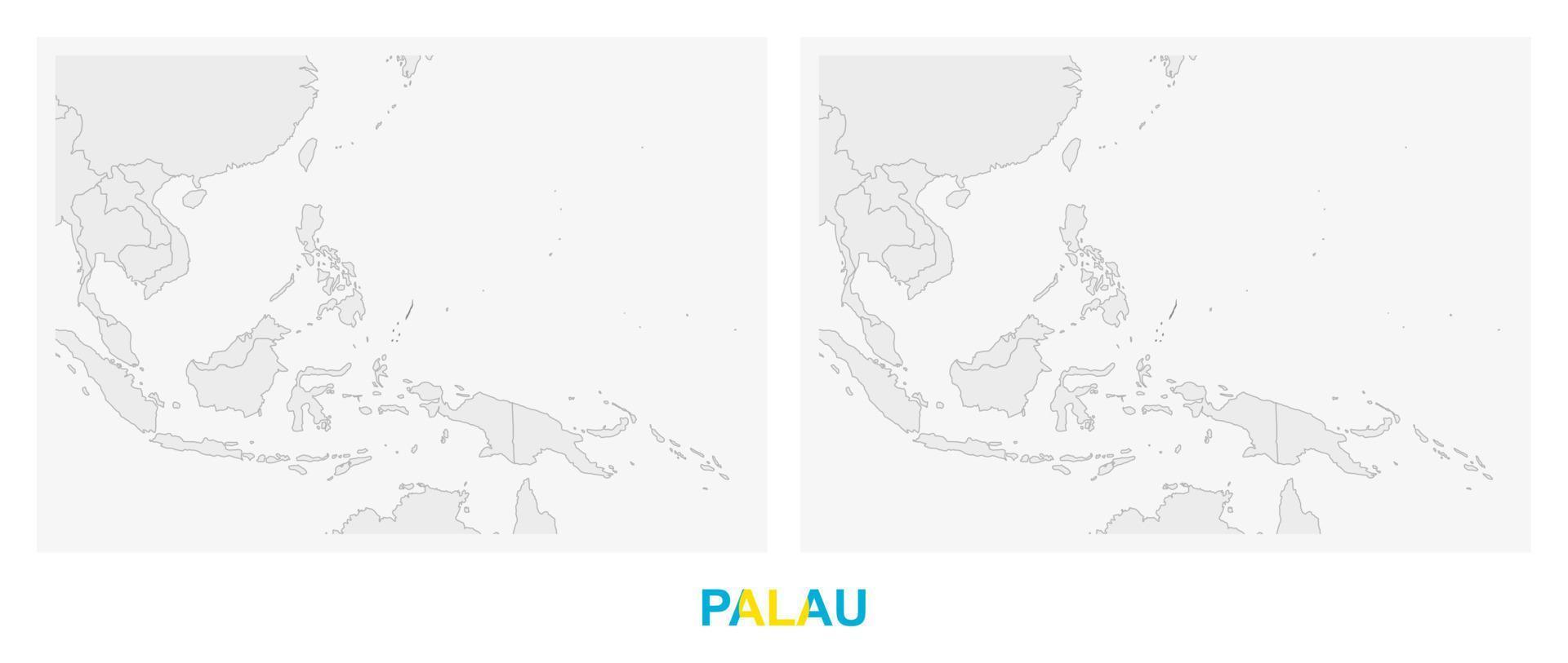 deux versions de la carte de palau, avec le drapeau de palau et surlignées en gris foncé. vecteur