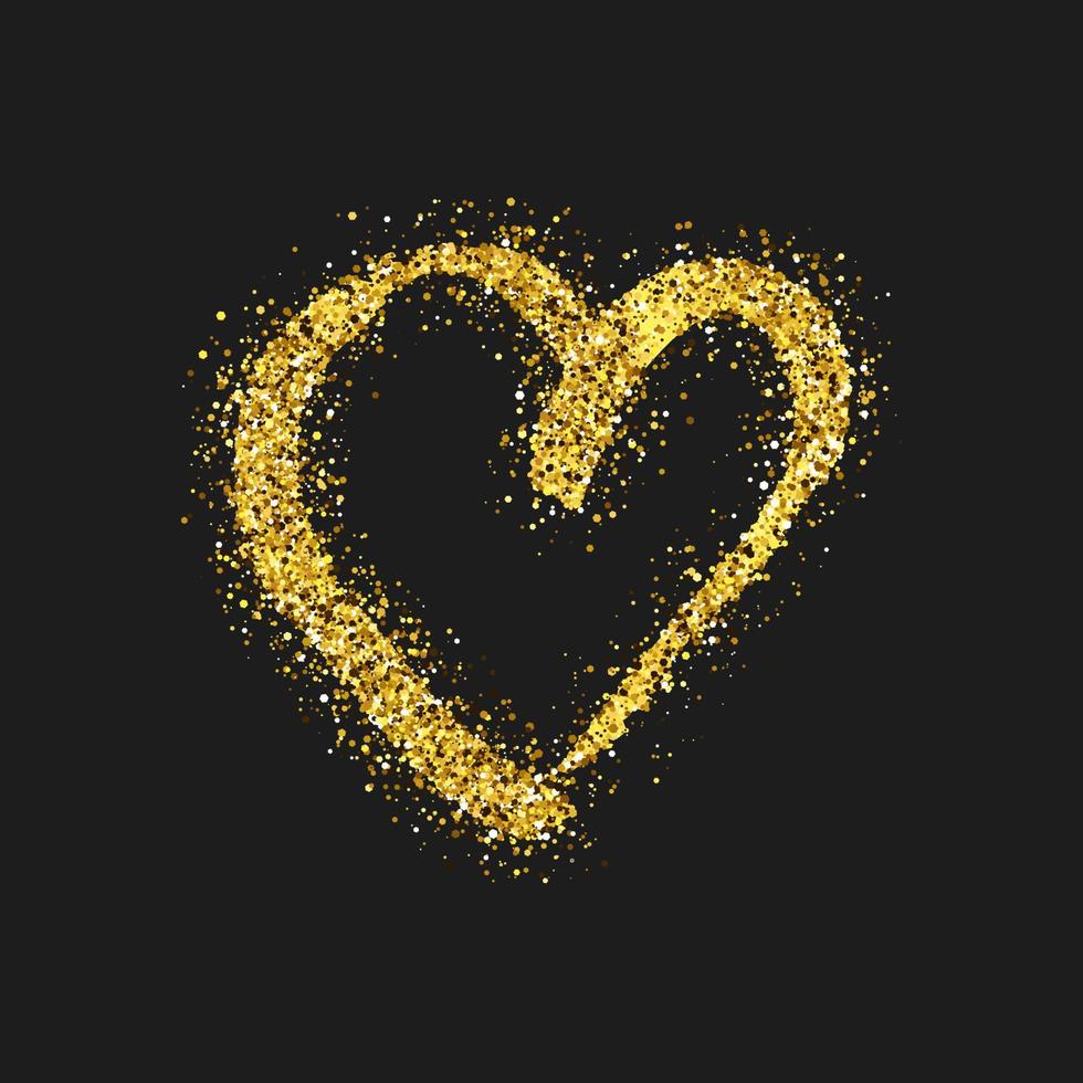 coeur de doodle de paillettes d'or sur fond sombre. coeur dessiné à la main grunge or. symbole de l'amour romantique. illustration vectorielle. vecteur