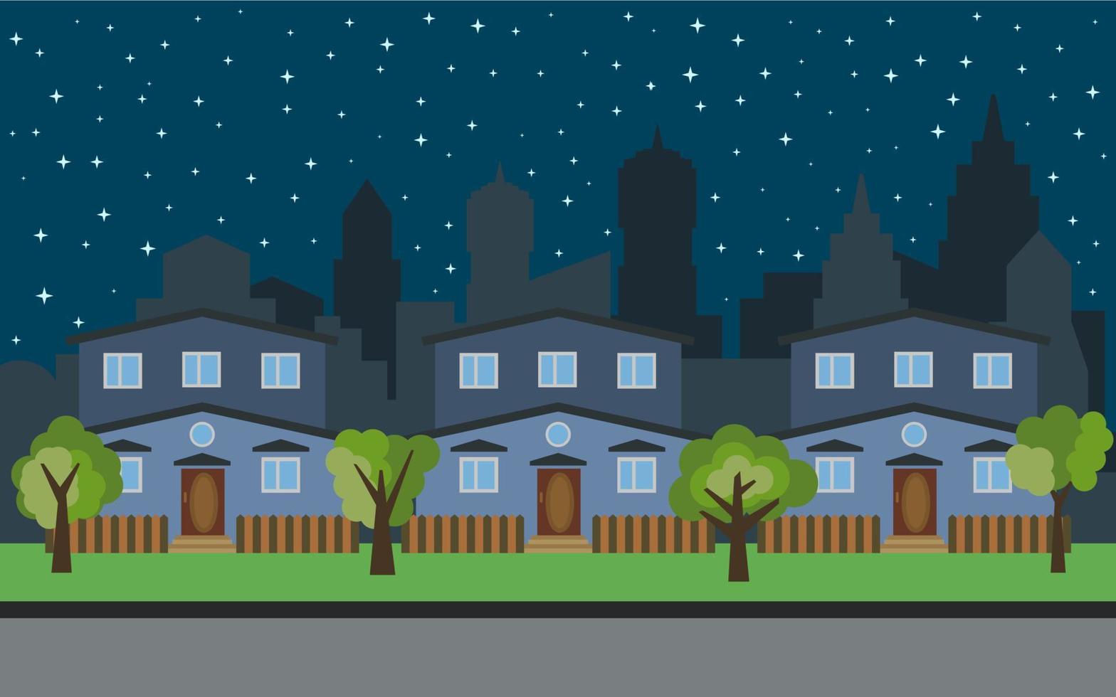 ville vectorielle avec trois maisons de dessin animé à deux étages et des arbres verts la nuit. paysage urbain d'été. vue sur la rue avec paysage urbain en arrière-plan vecteur