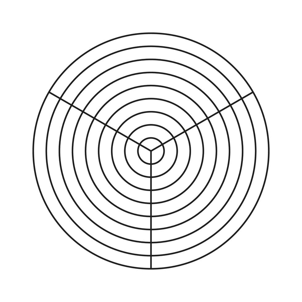 modèle de roue de la vie. outil de coaching simple pour visualiser tous les domaines de la vie. grille polaire de 3 segments et 8 cercles concentriques. papier millimétré polaire vierge. diagramme circulaire de l'équilibre du style de vie. vecteur