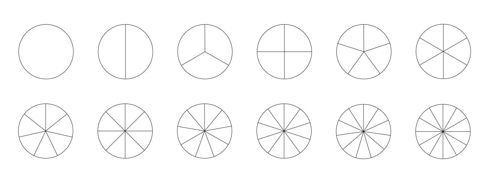 collection de graphiques segmentés isolée sur fond blanc. un grand nombre de secteurs divisent le cercle à parts égales. contour noir graphiques minces. ensemble de camemberts. vecteur