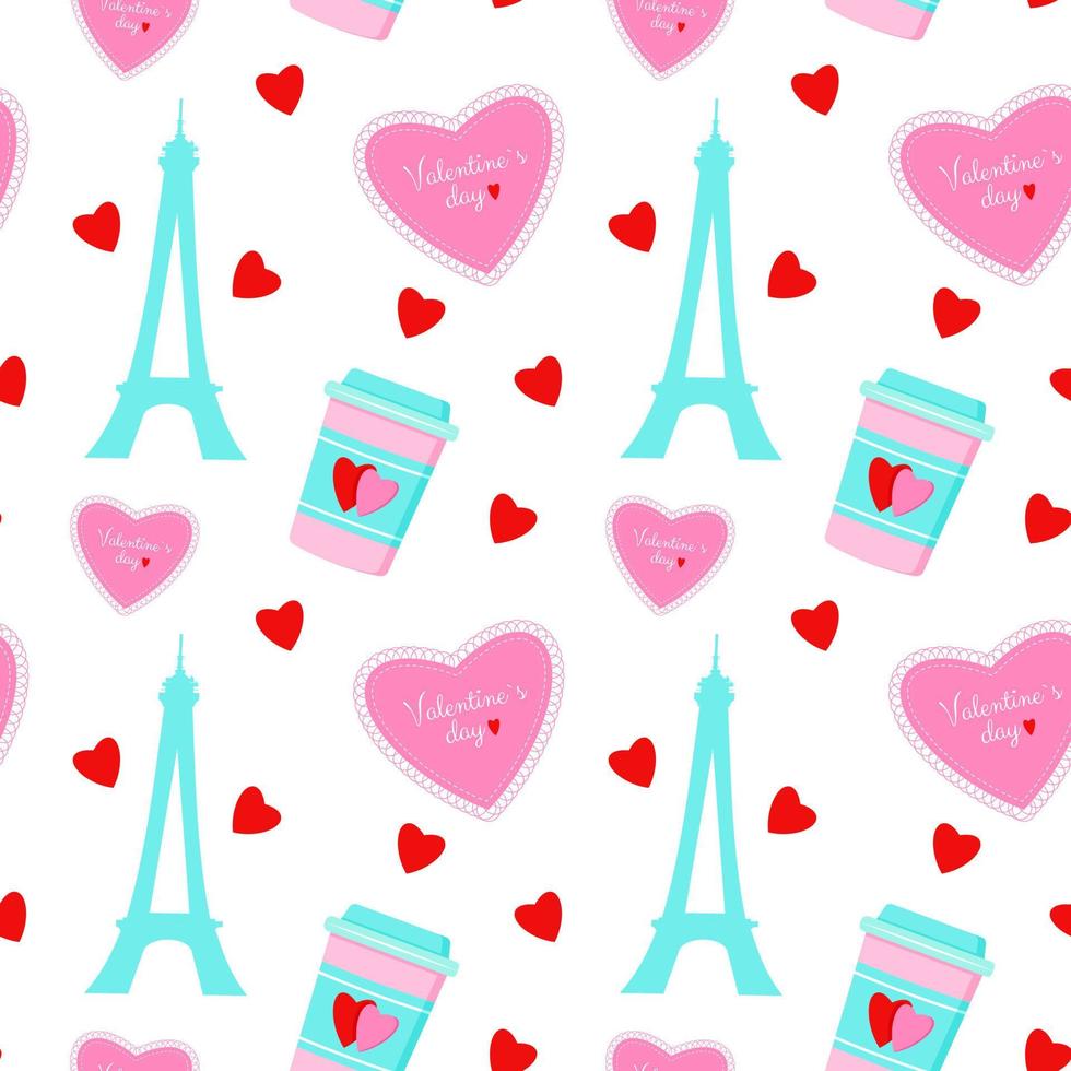 fond de la saint-valentin. illustration tour eiffel. coeur rose. modèle sans couture de vecteur. vecteur