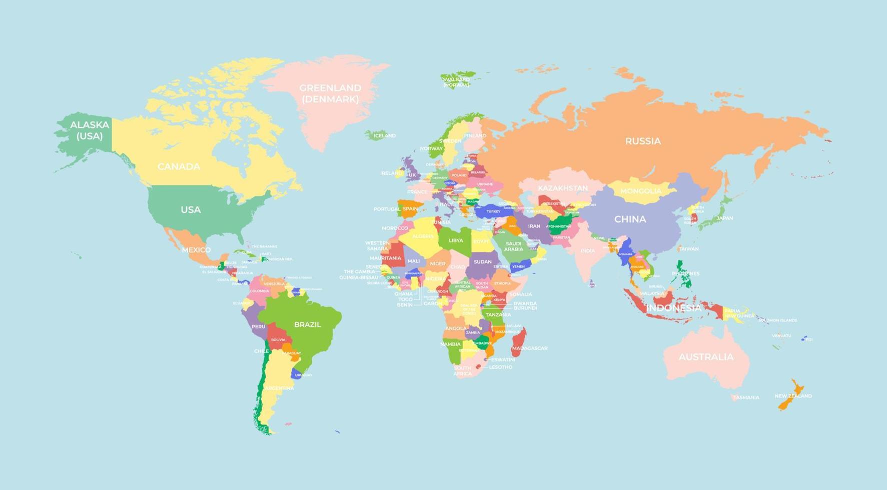 carte du monde détaillée colorée avec des noms de pays. carte du monde silhouette colorée vecteur