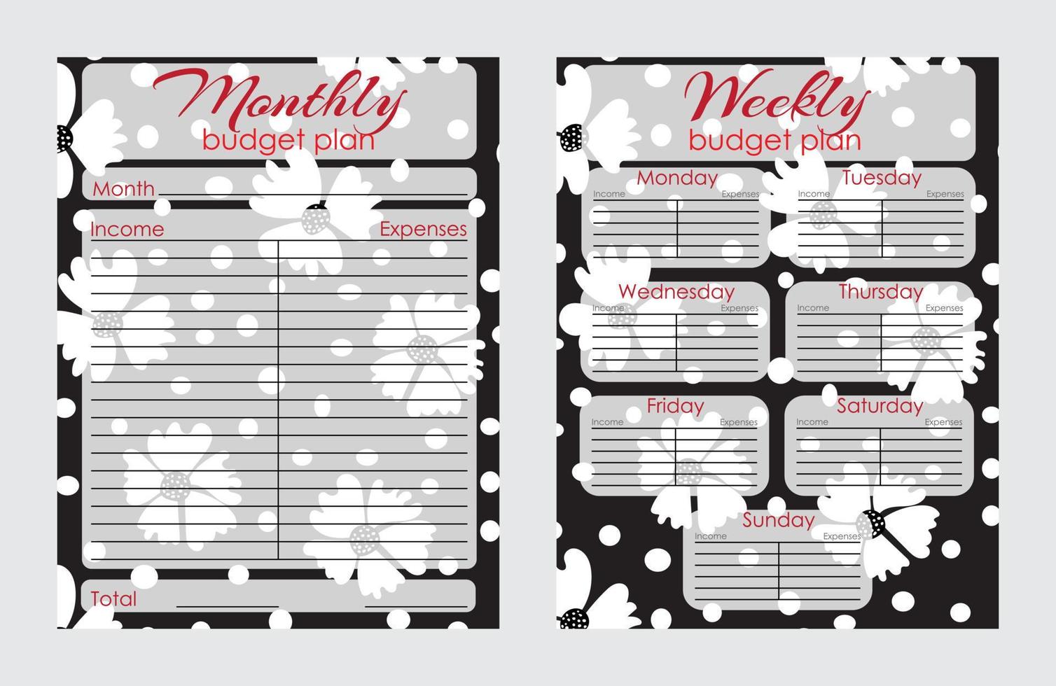 modèle de conception de page de planificateur de budget avec motif floral. modèle de plan budgétaire mensuel et hebdomadaire. illustration vectorielle vecteur