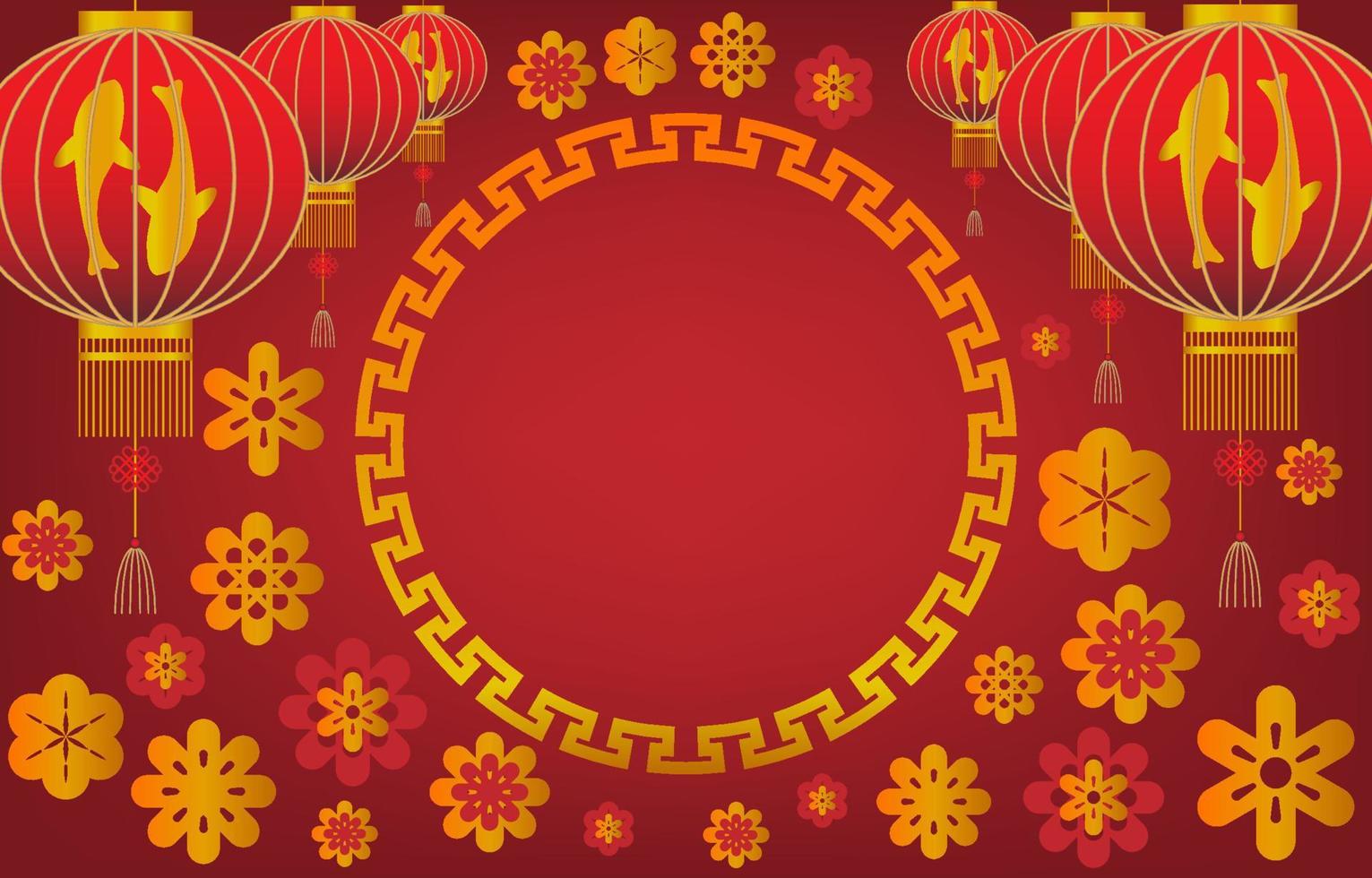 cadre de cercle chinois décoré de fleurs et de lanternes. éléments asiatiques concept de fond de couleur or et rouge. pour carte d'invitation de mariage, bonne année, anniversaire, Saint Valentin, cartes de voeux. vecteur